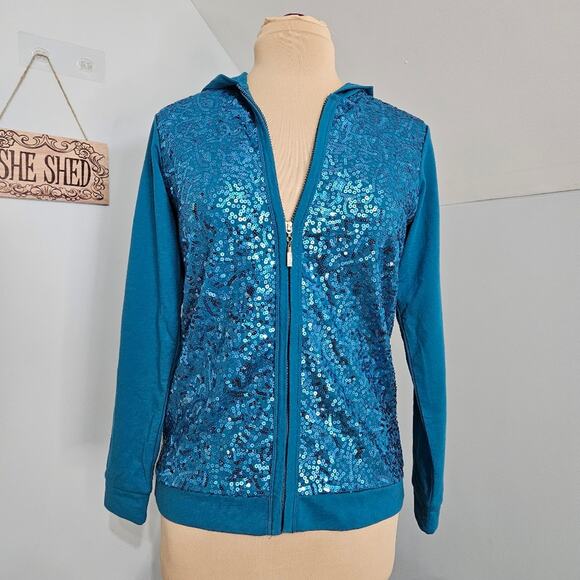 Quacker Factory Jacket Womens Beaded Sequin Hooded Pocket Full Zip Cotton XXS - Picture 15 of 16